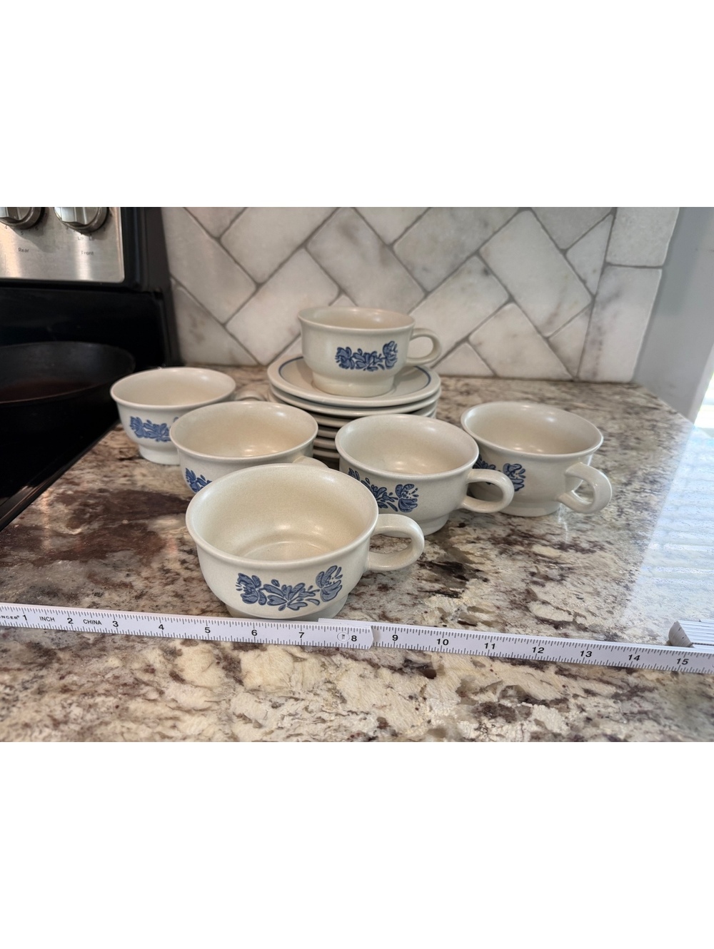 Pfaltzgraff Blue Floral Stoneware Tea Cups and Saucers Set of 6